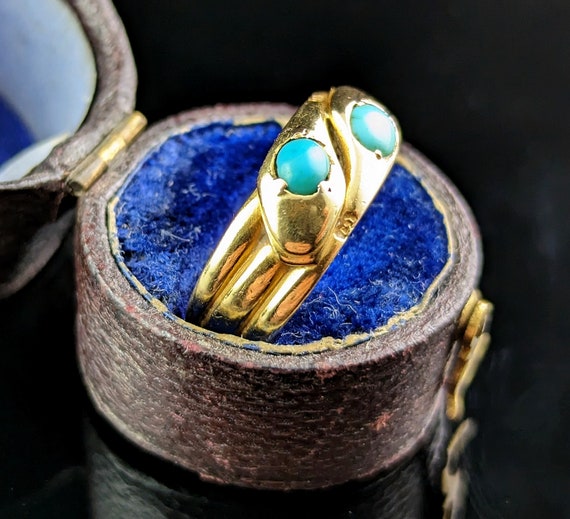 Antique 18ct gold double snake ring, Turquoise, V… - image 4