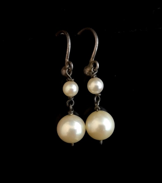 Art Deco pearl drop earrings, sterling silver - image 2
