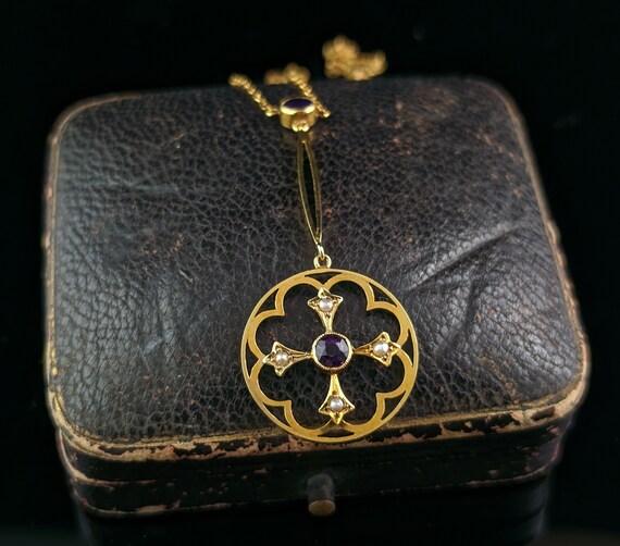Antique Art Nouveau pendant necklace, Amethyst an… - image 2