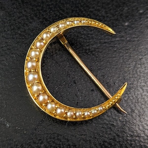 Antique 15ct gold pearl crescent moon brooch, Victorian