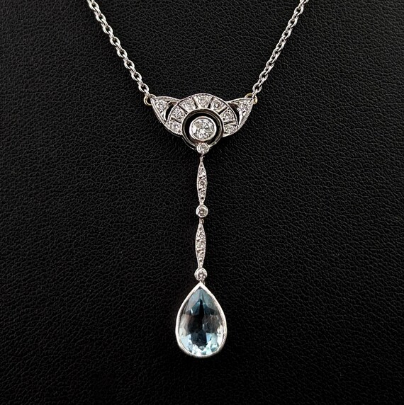 Collier Ancien Vintage Or Blanc Avec Diamant Et Aigue-marine - Bijou Occasion