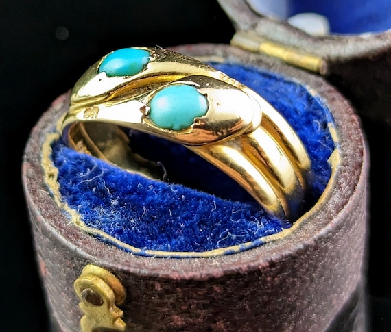 Antique 18ct gold double snake ring, Turquoise, V… - image 3