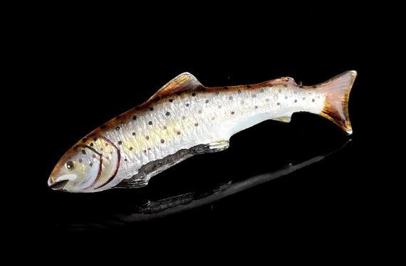 Antique enamel salmon brooch, 15ct gold, silver