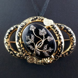 Antique Mourning brooch pendant, 15ct gold, Diamond, Black enamel