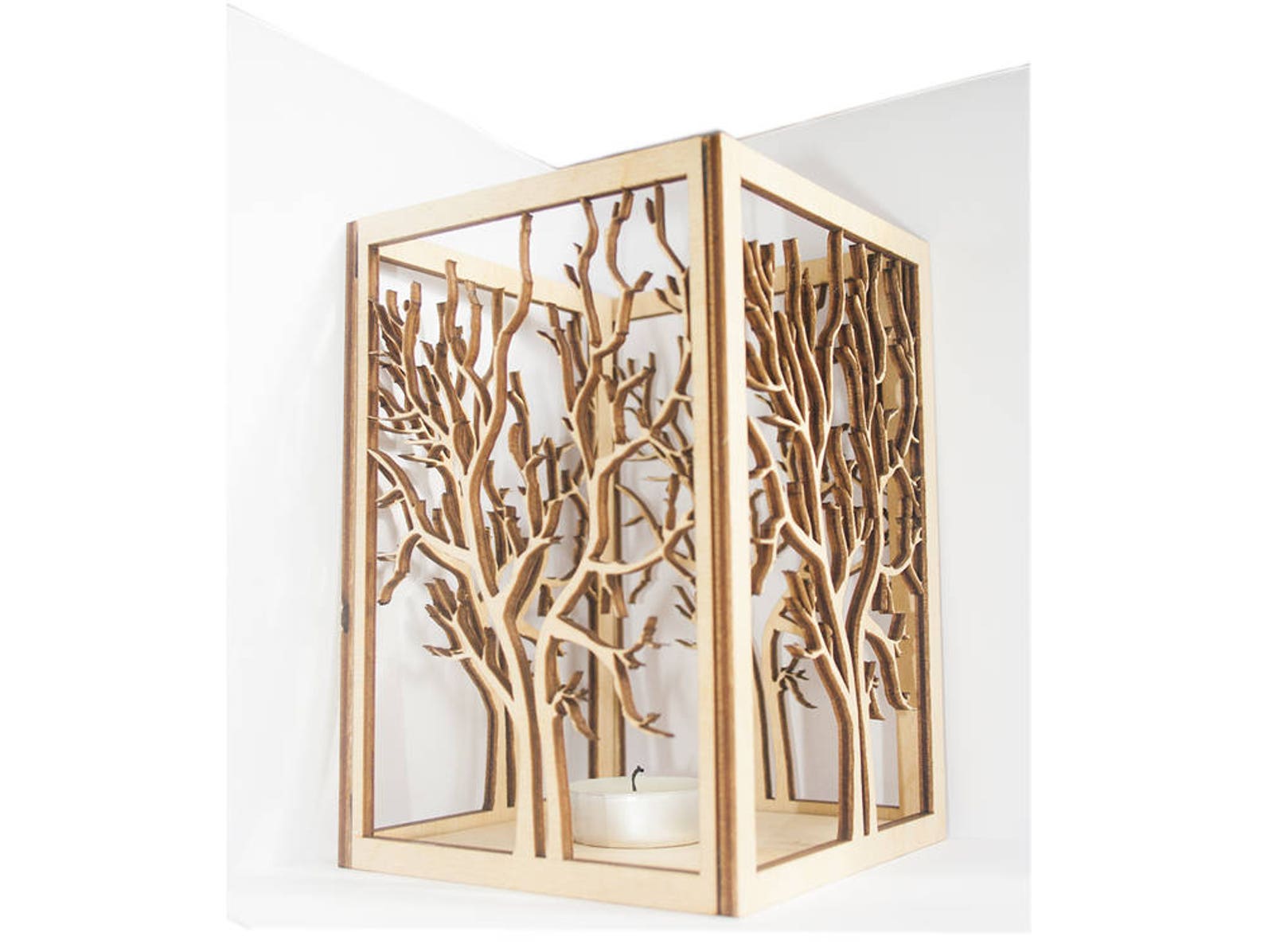 Wood Candle Holder, Tea Light Lantern. Candle Holder, Laser Cut Tree