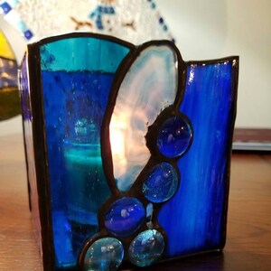 Cool Serenity Blue Agate Stained Glass Tea Light Holder - Unique Piece