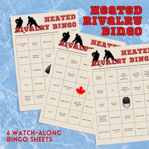 May include: Six "Heated Rivalry Bingo" game sheets with a hockey theme. Each sheet has a grid of bingo squares with phrases and hockey-related images. The title text is in red, and the sheets are set against a light blue background, reminiscent of ice.