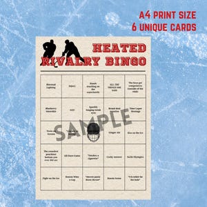 May include: A printed bingo card titled "Heated Rivalry Bingo" with a hockey theme. The card has a beige background with various phrases in the boxes. The text "A4 Print Size 6 Unique Cards" is at the top.