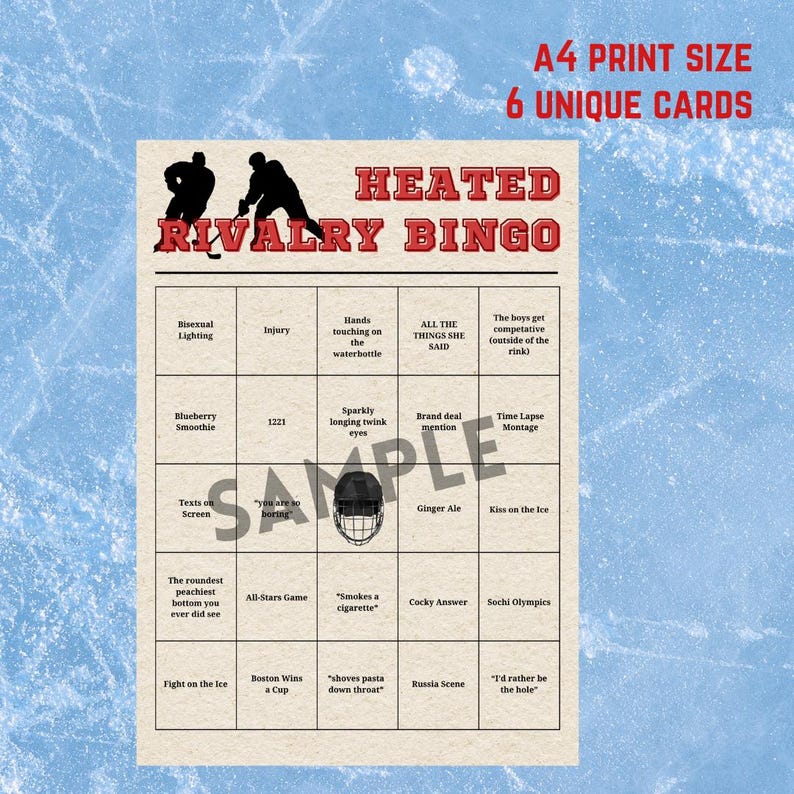 May include: A printed bingo card titled "Heated Rivalry Bingo" with a hockey theme. The card has a beige background with various phrases in the boxes. The text "A4 Print Size 6 Unique Cards" is at the top.