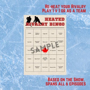 May include: A beige "Heated Rivalry Bingo" game board with a hockey theme. The board features various phrases and a Canadian maple leaf. Text at the top reads "Re-heat your rivalry, play 1 v 1 or as a team."