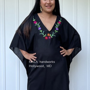 FR-18 Black w/ Hand embroidery Kaftan, Midi dress, Tunic Beach wear, Lounge wear, Beach wear tunic, Summer dress, Resort wear, Resort