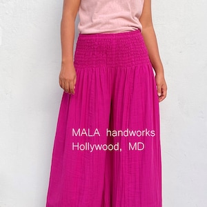 V-13 Fuchsia Double gauze pants, Cotton pants, Elastic waist pants, Casual pants, Lounge pants, Wide leg pants, One size fit pants