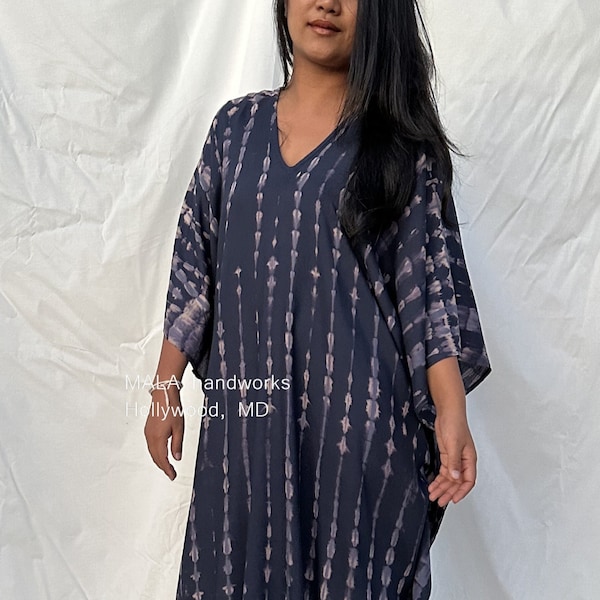 FR-21 Dark Blue w/ Purple Tie Dye Midi Kaftan, Midi dress, Tunic Beach wear, Lounge wear, Beach wear tunic, Summer dress, Resort wear