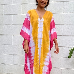 O-11 Cotton Semi sheer White w/ Orange Yellow hand Tie Dye Kaftan Dress, Lounge Resort Beach wear, Light breathable cotton kaftan dress