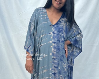 FR-22 Gray w/Blue Midi Kaftan, Midi dress, Tunic Beach wear, Lounge wear, Beach wear tunic, Summer dress, Resort wear, Resort kaftan