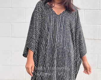 Black Stripes Midi Kaftans For Women CM-14 ~ Summer Style Caftan, Plus Size Kaftans, Womens Clothing, Mexican Kaftan, Eco Printed Dress