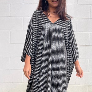 Black Stripes Midi Kaftans For Women CM-14 ~ Summer Style Caftan, Plus Size Kaftans, Womens Clothing, Mexican Kaftan, Eco Printed Dress