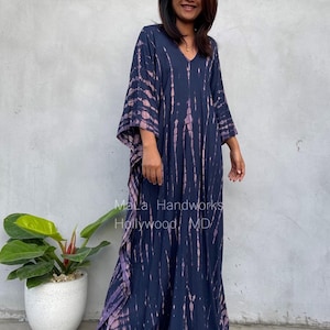 Dark Blue With Purple Tie Dye Caftans For Women A-116 ~ MALAHANDWORKS Rayon Kaftan Dress For Women In African Style ~ Plus Size Clothing
