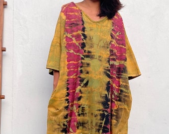 CO-12 Yellow w/ Rainbow Cotton Jersey Tie Dye Kaftan, Winter Kaftan, Fall Kaftan, Warm Kaftan, Work from Home dress, One size fits most