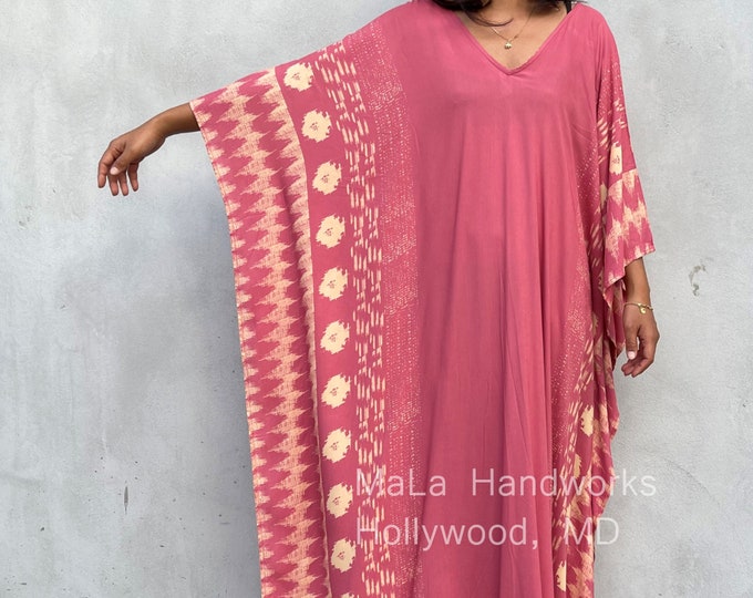 Salmon Pink Kaftan Dress Hand Silkscreened A-208