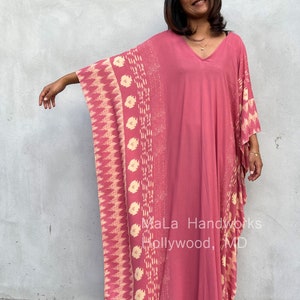 A-208 Pink Kaftan eco printed - Original design,caftan, beach, resort,vacation,cruise, pool,party, lounge,home,work at home, Length