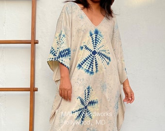 I-3 Cream w/ Natural Indigo Dye Tie Dyed Kaftan, Resort Kaftan, Lounge wear, Beach party dress, Cocktail party dress, one size fit most