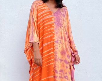 Nora Orange & Purple Tie Dye Caftan N-17 ~ Rayon Kaftan Dress For Women, Beach Kaftans, Cruise Vacation Dress, Maternity Kaftan, Resort Wear