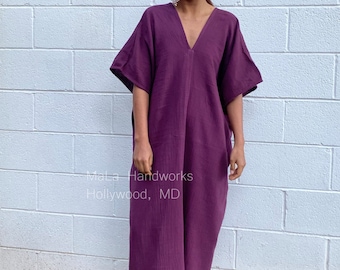 Lila Aubergine Dubbel Gasvävd Bomullskaftanklänning DG-8 ~ Plus Size Kaftan, Bröllopsklänning, Strandklänning, Sommarklänningar Dam, Marockansk