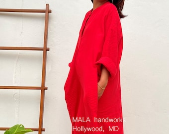 PL-12 Long Red Double Gauze Shirtdress 56", One size fit most, Unisex, shirt dress, lounge wear, home wear, street wear