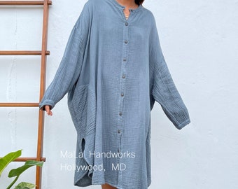 PS-3 Midi Sage Double Gauze Shirtdress 41&quot;, One size fit most, Unisex, home wear, street wear, lounge wear