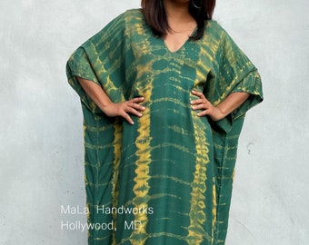 CM-2 Green w/ Yellow Tie Dye Kaftan, caftan, beach, resort, vacation, cruise, pool, party, lounge, home, work at home