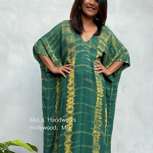 Caftano tie-dye verde con giallo CM-2 ~ Abito lungo verde, abbigliamento da casa e da notte, abbigliamento da resort, abbigliamento per vacanze tropicali, copricostume da spiaggia, regalo