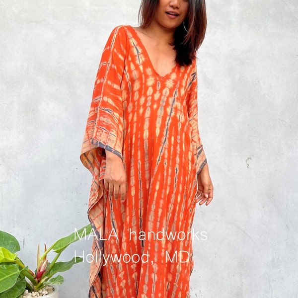 A-3 Orange Tie Dye w/ Black, Kaftan, Maxi dress, Hand tie dyed kaftan, Beach wear,Kaftan party, Caftan,Orange dress, Oversized dress, Length