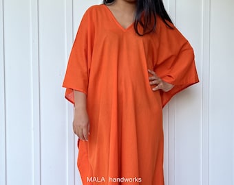 O-29 Cotton Semi sheer Orange Kaftan Dress, Lounge Resort Beach wear, Light and breathable cotton kaftan dress