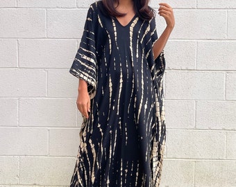 A-1 Black Tie Dye Kaftan, caftan, Tie dye dress, Resort wear, cruise, Lounge wear, Slow fashion, One size plus dress,Home wear, Length