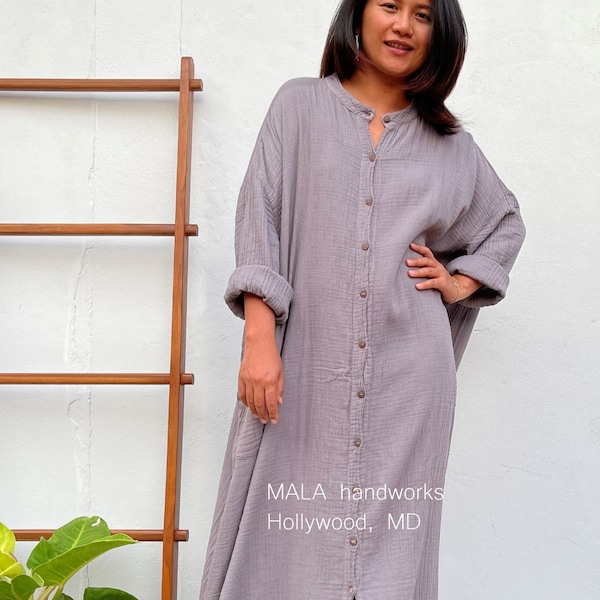 PL-14 Light Gray Double Gauze Shirtdress 54", One size fit most, Unisex, shirt dress, lounge wear, home wear, street wear