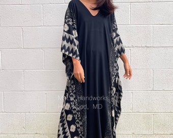 A-201 Black Hand Screened Original design Kaftan - caftan, beach, resort, vacation, cruise, pool, lounge, home, work at home, Length