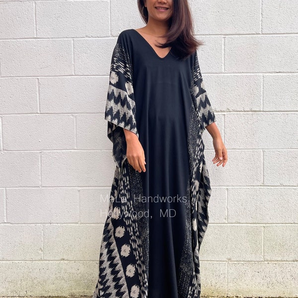 A-201 Black Hand Screened Original design Kaftan - caftan, beach, resort, vacation, cruise, pool, lounge, home, work at home, Length