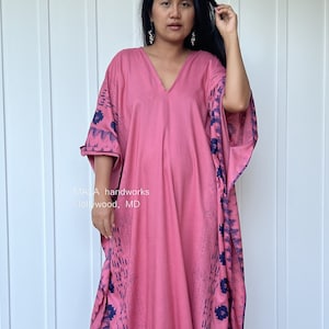 A-225 Pink Original design Hand Screened Kaftan, caftan, beach, resort,vacation,cruise, pool,party, lounge,home,work at home, Length