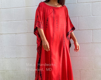 AC-8 Red w/ Black Tie Dye Boat Neck Kaftan, caftan, beach, resort, vacation, cruise, pool, party, lounge, home, work at home