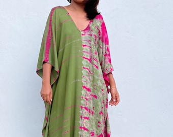 A-25 Olive Green w/ Fuchsia Kaftan, caftan, beach, resort, vacation, cruise, pool, party, lounge, home, work at home