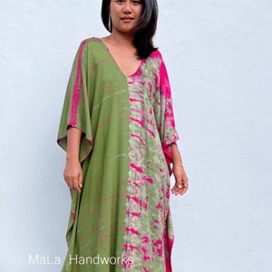 Olive Green With Fuchsia Caftan For Women A-25 ~  Kaftan Dress Plus Size, Cruise Dresses, Maxi Beach Wear, Summer Vacation Dresses, Lounge