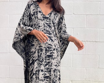 Black Hand Screened Kaftan Dress A-202 ~ Plus Size Rayon Caftan by MALAHANDWORKS ~ African Moo Moo Dress For Resort or Exotic Vacation Wear