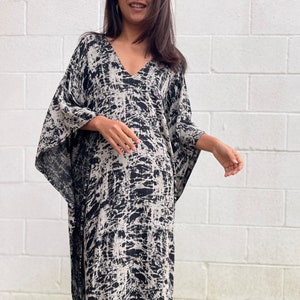 Black Hand Screened Kaftan A-202 ~ Caftan For Women, Beach Kaftan Dress, Plus Size Clothing, Rayon Kaftan, Summer Resort Dress, Formal Dress