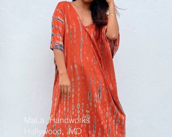 CM-11 Orange w/ Black Tie Dye Kaftan, caftan, beach, resort, vacation, cruise, pool, party, lounge, home, work at home