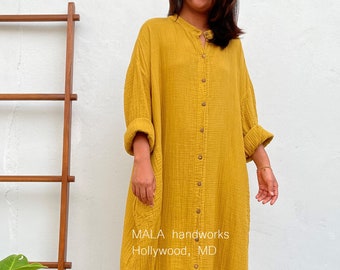 PL-5 Yellow Double Gauze Shirtdress 54", One size fit most, Unisex, shirt dress, home wear, street wear, lounge wear