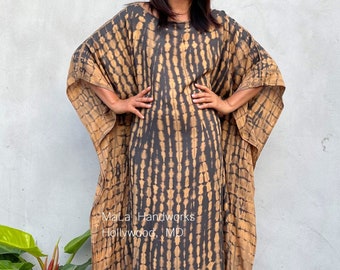 AC-14 Gray w/ Brown Tie Dye Boat Neck Kaftan, caftan, beach, resort, vacation, cruise, pool, party, lounge, home, work at home