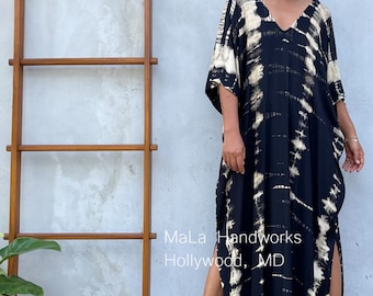 Black w/ Off White Tie Dye Kaftan CM-18 ~ Caftans For Women, Plus Size Clothing, Maternity Dress, Pregnancy Caftan Dress,Nursing Gown,Lounge