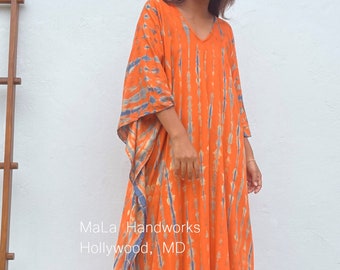 Nora Orange with Blue Tie Dye Kaftan N-9 ~ Maxi Fall Dress For Women by MALAHANDOWRKS, Plus Size Caftans, Moroccan Kaftan, African Dress