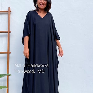 AA-32 Black Rayon Kaftan, beach, resort, vacation, cruise, pool, party, lounge, home, work at home, Length option